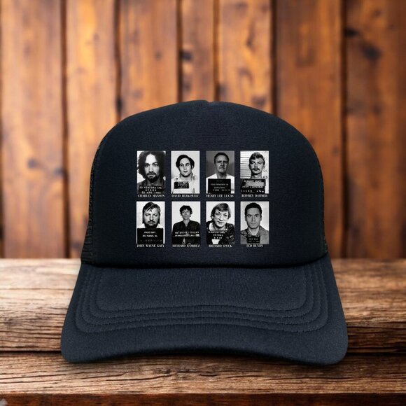 Serial Killers Mens Trucker Hat Black Kemper Manson Gacy Bundy Dahmer Berkowitz - Picture 1 of 4